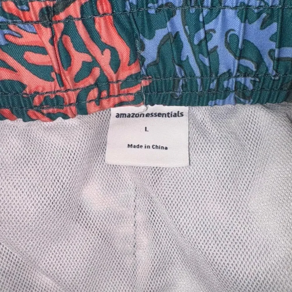 Teal Swim Shorts Fish Coral Reef Sz L Drawstring Bathing Trunks Tropical
